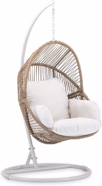 Silla colgante tipo huevo Defora Home con soporte de acero y ratán en color marrón y blanco con cojines incluidos