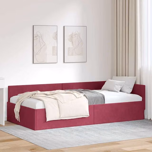 Estructura de cama en esquina Maison Exclusive en terciopelo rojo, An/P/Al: 80 x 200 x 84 cm