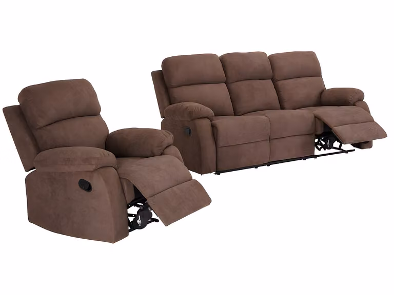 Sofá relax de 3+1 plazas TOLZANO tapizado en tela marrón con reposacabezas ajustable y estructura mixta de madera y metal