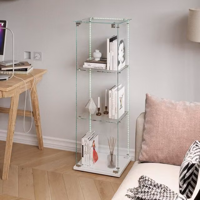Vitrina de colección SOLKVUNZA en blanco con iluminación LED, cerradura y puertas de vidrio templado, An/P/Al: 39,8 x 35 x 123,3 cm