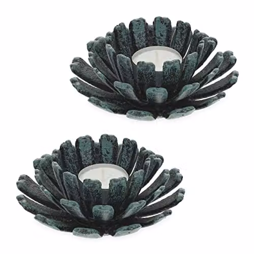 Pack de 2 portavelas Relaxdays con forma de flor en hierro fundido, color verde, para interior y exterior, An/P/Al: 13,5 x 13,5 x 6 cm