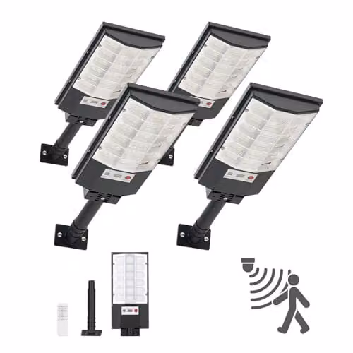 Pack de 4 farolas solares LED VEVOR de 500 W en color negro con sensor de movimiento, control remoto y protección IP65 para jardín, terraza o balcón