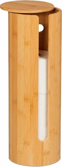 Portarrollos de papel higiénico de pie Relaxdays de bambú con tapa para 4 rollos de repuesto, color beige o marrón, Altura: 42 cm, Diámetro: 14,5 cm