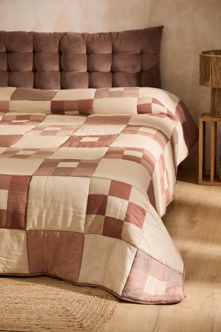 Manta de algodón patchwork Calma House en colores tierra para cama, An/P: 200 x 220 cm