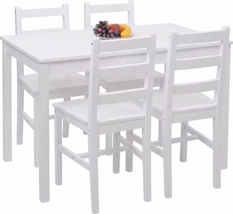 Juego de comedor Mendler de madera de pino estilo rústico con mesa rectangular y 4 sillas, color blanco