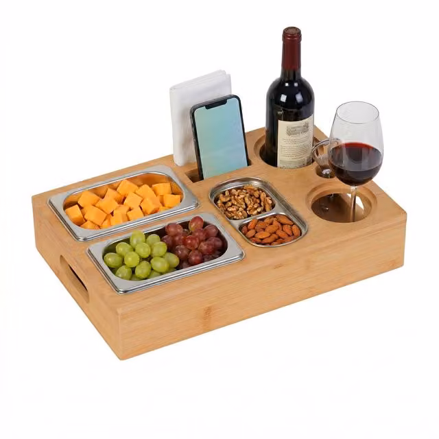 Bandeja para sofá Relaxdays de bambú con 3 cuencos de acero inoxidable y soporte para bebidas, color beige o marrón