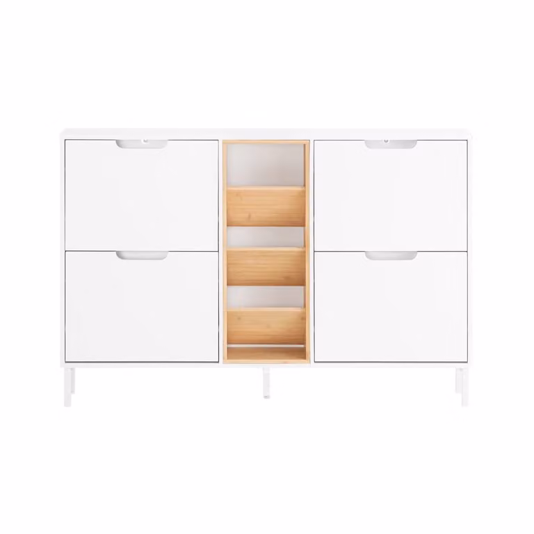 Zapatero SoBuy blanco con 4 puertas y 3 compartimentos abiertos, An: 126 cm, P: 19 cm, Al: 85 cm