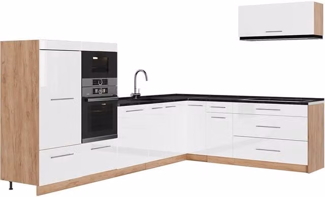 Cocina esquinera Vicco Fame-Line en blanco alto brillo y roble dorado, An/P/Al: 327 x 227 cm