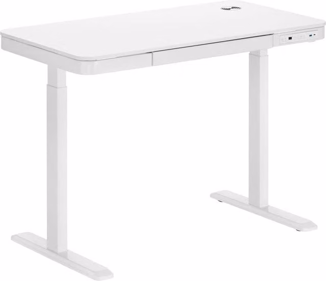 Escritorio motorizado ajustable KIMEX para trabajar sentado o de pie, color blanco, con cajón y cargador inalámbrico, An/P/Al: 118 x 60 x 75 cm