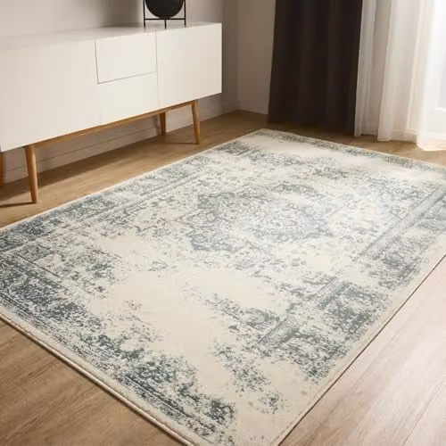 Alfombra Benuta Basic Suki de estilo vintage oriental, rectangular, color crema y menta, An/P: 200 x 300 cm