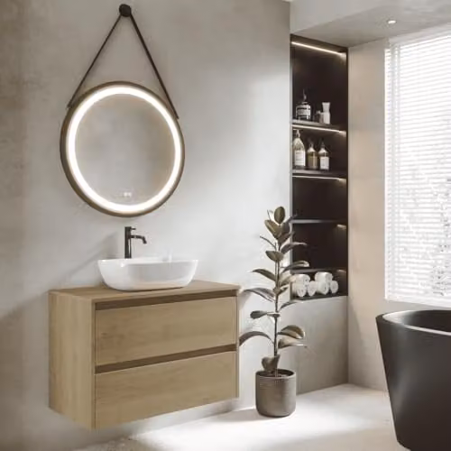 Mueble de baño suspendido BAÑO TOTAL con lavabo de sobreponer, 2 cajones con cierre suave e iluminación LED, acabado roble y blanco, An/P/Al: 80 x 45 x 55 cm