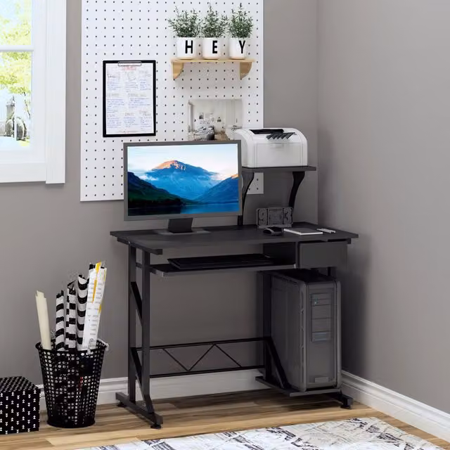 Escritorio de ordenador PZCC de acero y madera con cajón y bandeja para teclado, color negro, An/P/Al: 90 x 50 x 100 cm