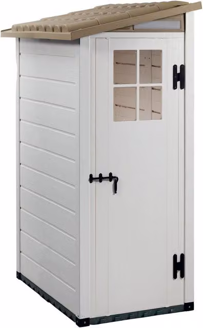 Caseta de jardín Tuscany Evo 200h de Garofalo en PVC y WPC con suelo, ventana y cerradura, color beige y blanco, An/P/Al: 139 x 95 x 201 cm