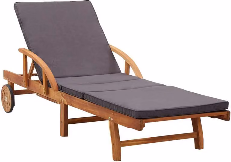 Tumbona Syfax de madera de acacia aceitada con cojín de tela resistente a los rayos UV en color marrón o gris para jardín y terraza