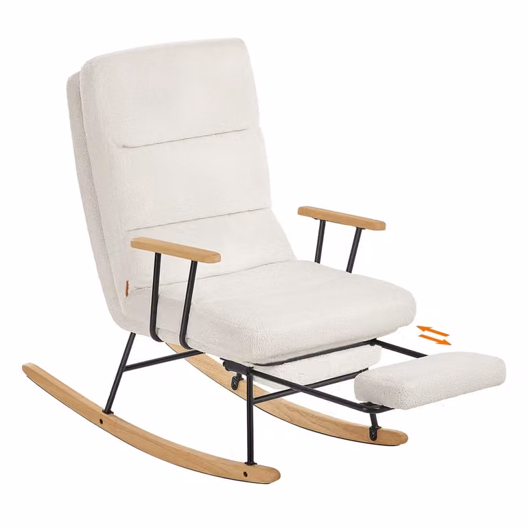 Sillón mecedora reclinable SONGMICS HOME tapizado en tela boucle blanco con patas de madera de caucho y reposapiés para salón o dormitorio