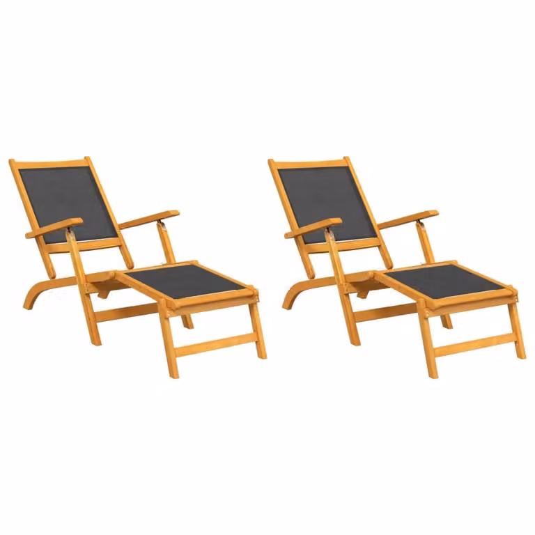 Set de 2 sillas de jardín Syfax con reposapiés de madera de acacia tratada y textilene en marrón y negro con reposacabezas ajustable y reposabrazos