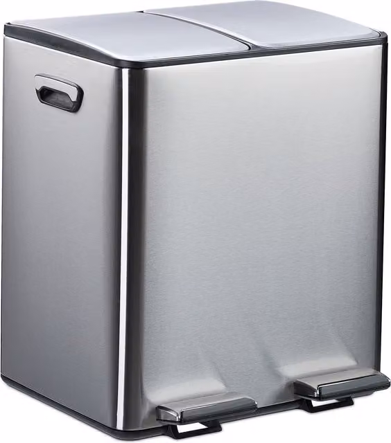 Cubo de basura con pedal para cocina Relaxdays con 2 compartimentos de 15 l cada uno, cubos extraíbles y cierre suave, color plateado, An/P/Al: 47,5 x 42 x 37 cm