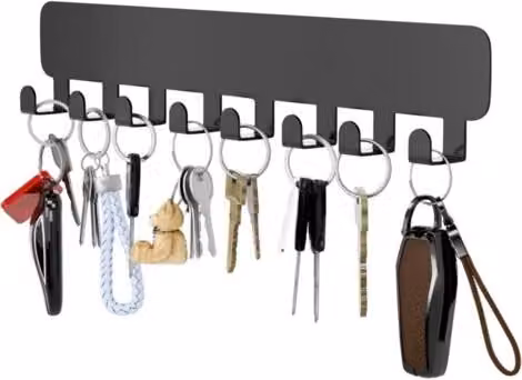 Organizador de llaves de pared MIMIY con 8 ganchos y estante decorativo, color negro, con montaje autoadhesivo