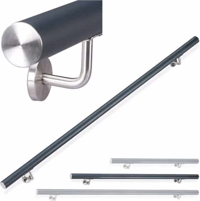Pasamanos redondo de aluminio Relaxdays para interior y exterior, acabado mate, color antracita, longitud: 150 cm