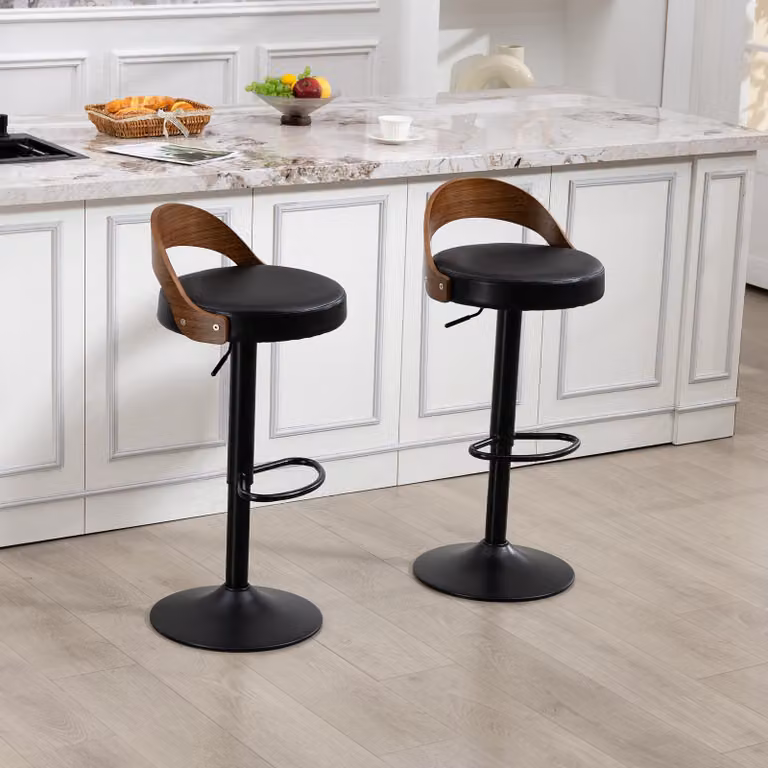Juego de 2 sillas de bar OKWISH giratorias con respaldo, altura ajustable y tapizado en cuero sintético negro para cocina o salón
