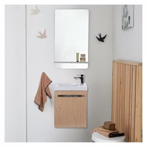 Mueble de baño Nevada con lavabo de cerámica y espejo Simona en color beige y decoración de roble con estante blanco An/P/Al: 48 x 41 x 21,5 cm