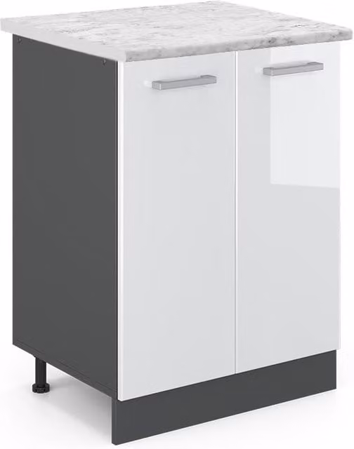 Mueble bajo de cocina Vicco R-Line en blanco alto brillo con encimera de mármol, An/P/Al: 60 x 60 x 81,6 cm