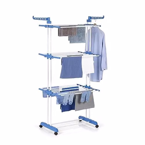 EASYmaxx Torre de lavandería con ruedas y 3 niveles, tendedero plegable con alas laterales en color blanco y azul, An/P/Al: 63 x 76 x 172 cm
