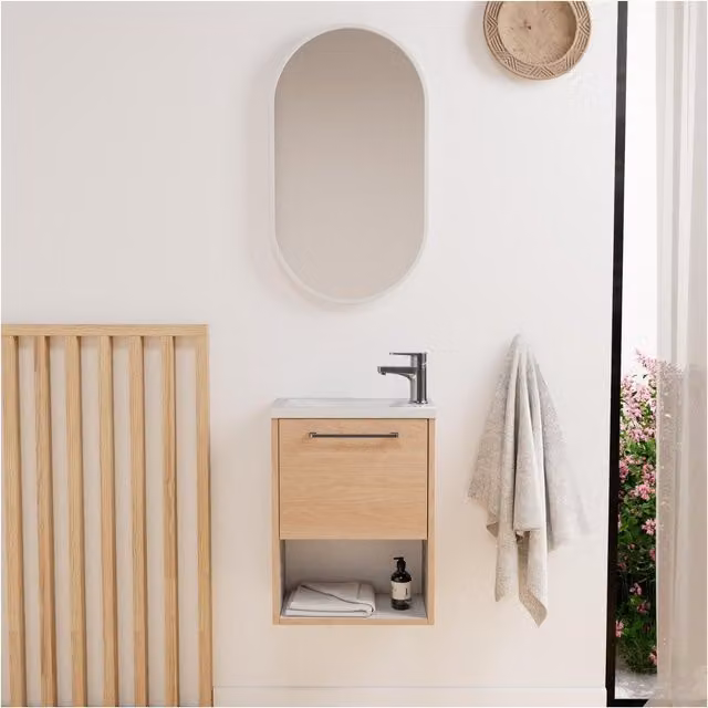 Conjunto de mueble de baño Mob-In con espejo y estante abierto en acabado roble mate