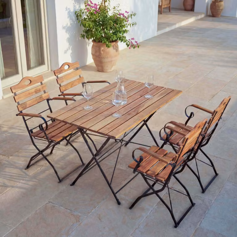 Mendler Conjunto de mesa y sillas plegables de acacia y acero para jardín o terraza, color marrón y negro