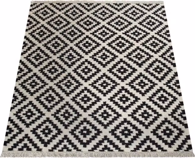 Alfombra de lana Kenolia de estilo marroquí y escandinavo en negro y blanco, An/P: 120 x 170 cm