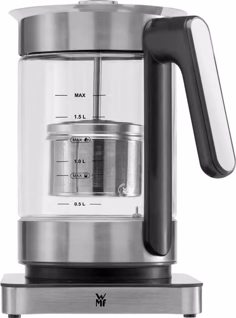 Hervidor de agua multifuncional WMF Lumero de cristal color plata con función para té, chocolate y yogur, capacidad de 3 l