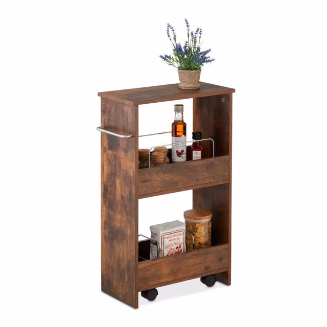 Carrito auxiliar estrecho relaxdays con 3 estantes y ruedas para cocina o baño, color marrón, An/P/Al: 42 x 20 x 66,5 cm