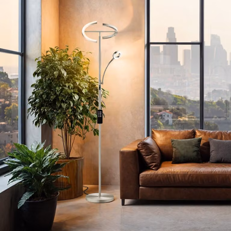 Lámpara de pie LED TecTake de arco en color plata, regulable con mando a distancia y función táctil, Altura: 188 cm