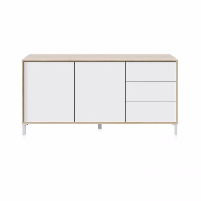 Aparador moderno Lea de DUEHOME en blanco mate y roble canadian, An/P/Al: 154 x 74 x 41 cm