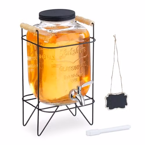 Dispensador de bebidas Relaxdays de 5 l con soporte, recipiente de cristal transparente, tapa y grifo de acero inoxidable, An/P/Al: 36 x 20 x 26 cm
