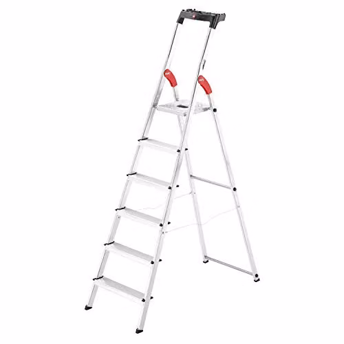 Escalera de mano Hailo L60 Standardline de aluminio en negro, rojo y plata con bandeja y pies de goma, capacidad 150 kg, altura 3,05 m