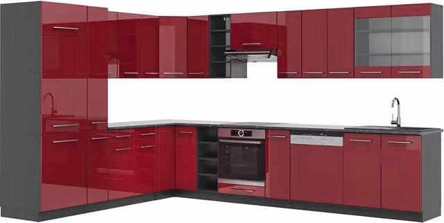 Cocina esquinera Vicco Fame-Line en rojo burdeos alto brillo y antracita, 347 x 257 cm sin encimera