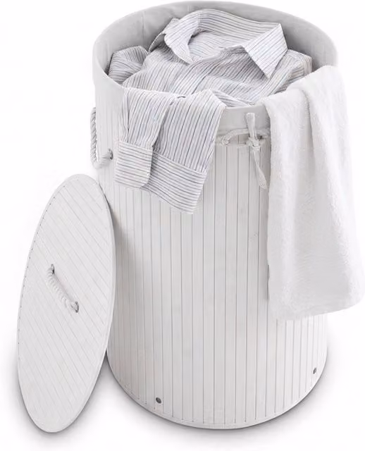Set de 2 cestos para ropa sucia de bambú plegables con tapa y bolsas de algodón de relaxdays, color blanco, 70 l, Diámetro: 41 cm