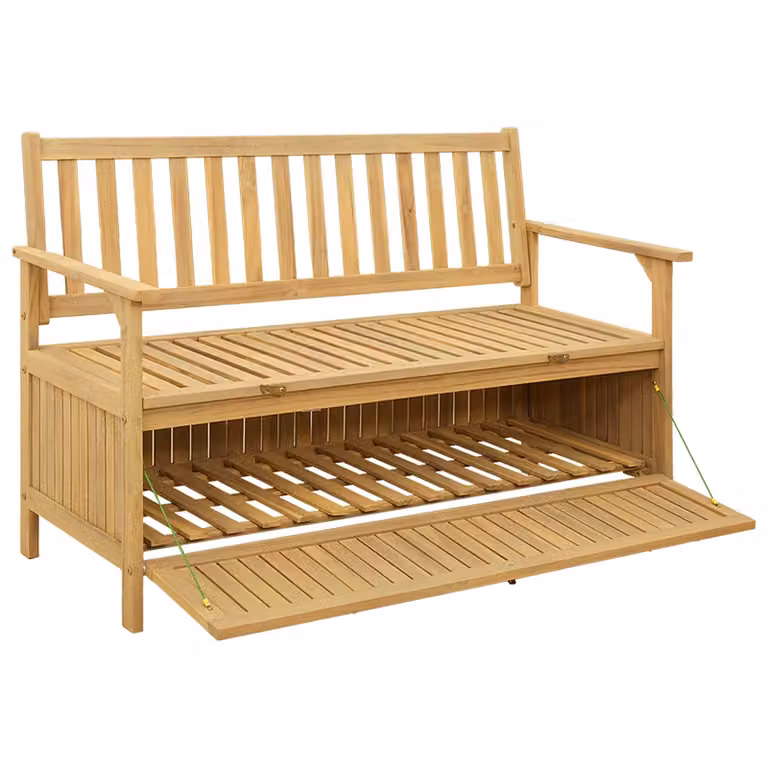 vidaXL Banco de almacenamiento de 2 plazas para jardín en madera de acacia color marrón An/P/Al: 120 x 63 x 84 cm