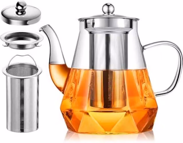 Tetera de vidrio transparente con infusor LIIYIELA de 1 l, resistente al calor y antigoteo