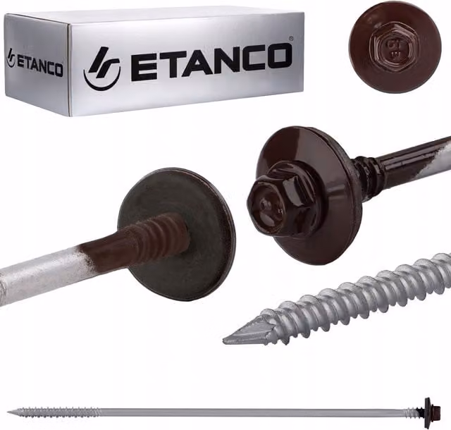 Tornillos autoperforantes de acero Etanco para madera, cabeza hexagonal, color marrón RAL 8017, An/P/Al: 6,4 x 240 mm