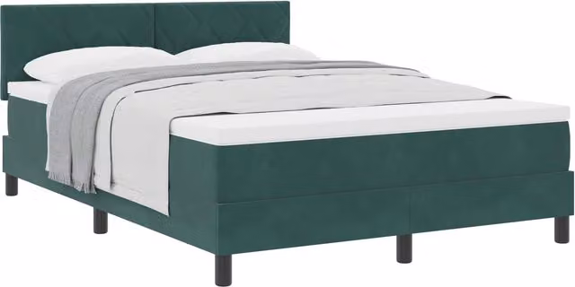 Cama tipo box spring SYFAX de terciopelo verde con estructura de madera de pino, An/P/Al: 140 x 190 x 143 cm