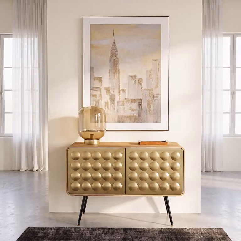 Aparador de madera de mango y acero de Maisons du Monde en gris y dorado con diseño geométrico y acabado mate, Ancho: 117 cm