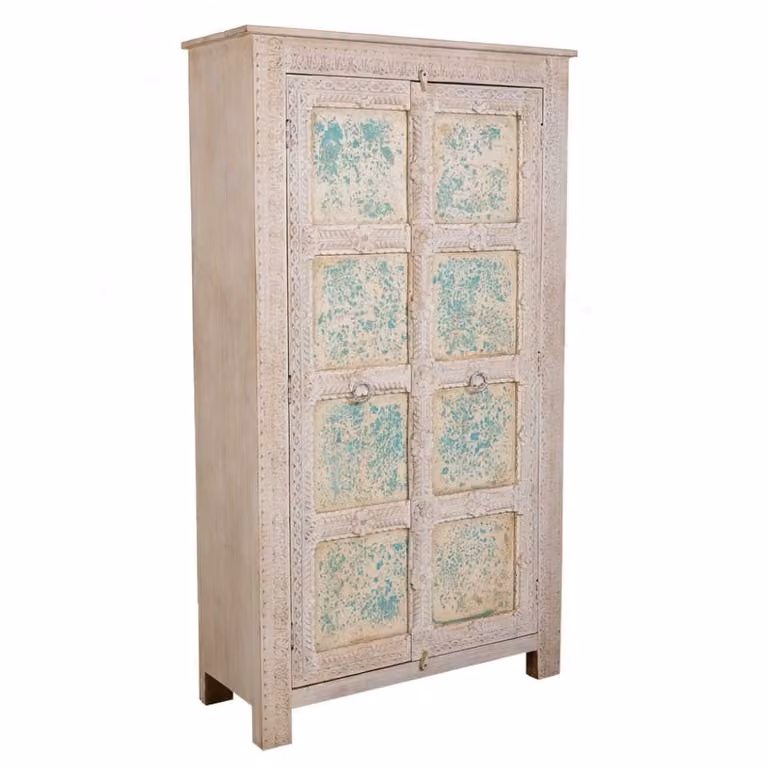 Armario de madera de mango Wanderlust deco con acabado artesanal y diseño étnico floral en multicolor, turquesa y beige, An: 106 cm, P: 42 cm, Al: 186 cm