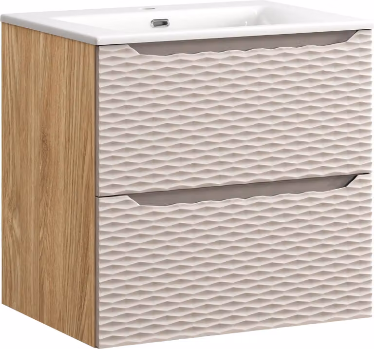 Mueble de baño moderno suspendido de roble aceitado con puertas y cajones en color beige y marrón