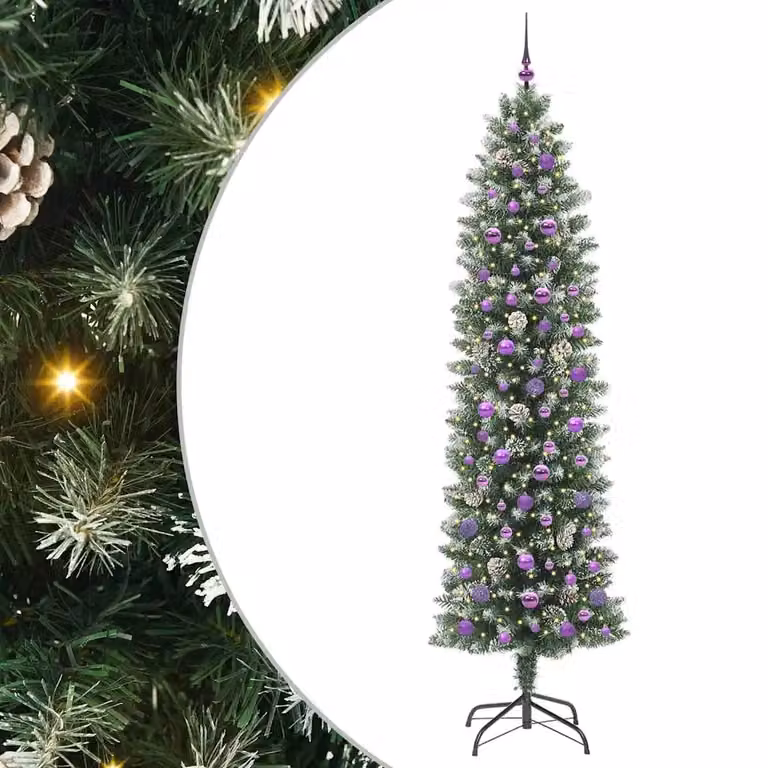 Árbol de Navidad artificial delgado vidaXL de color verde y blanco con luces LED de luz blanca cálida y alimentación USB, Altura: 240 cm