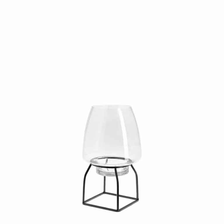 Portavelas decorativo moderno Sia Deco de vidrio y metal en colores transparente y negro, redondo, Altura: 32 cm, Ancho: 19 cm