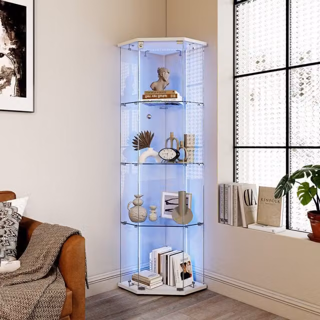 Vitrina de cristal NAHILIMI blanca con iluminación LED integrada, puertas de cristal, estantes internos y cerradura, An/P/Al: 60 x 42,5 x 162 cm