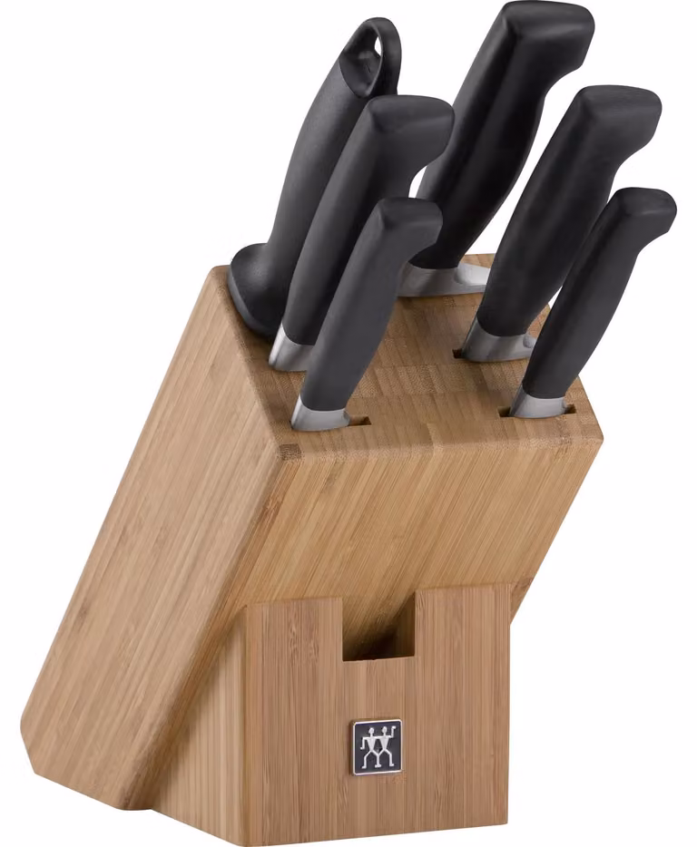 Set de 7 cuchillos Zwilling Four Star con bloque de acero inoxidable en colores negro, plata y marrón