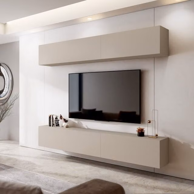 Mueble de salón modular DMORA con estantes abiertos y puertas batientes en color beige